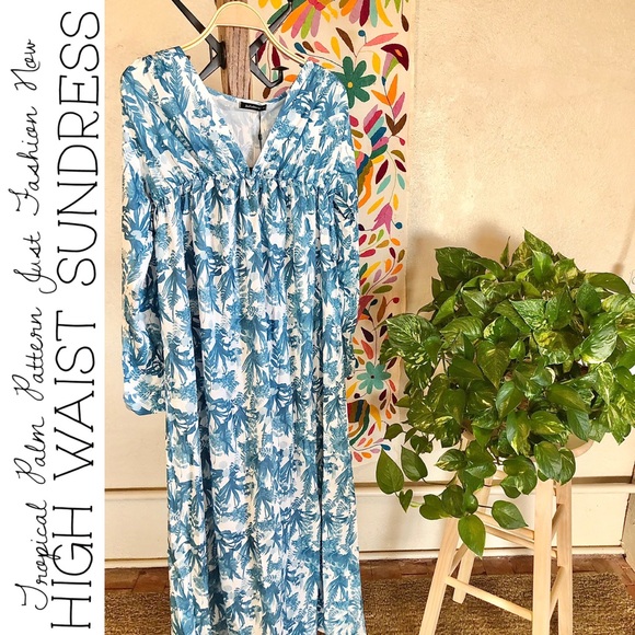 Tropical Palm Pattern High Waist Sundress - Picture 1 of 7